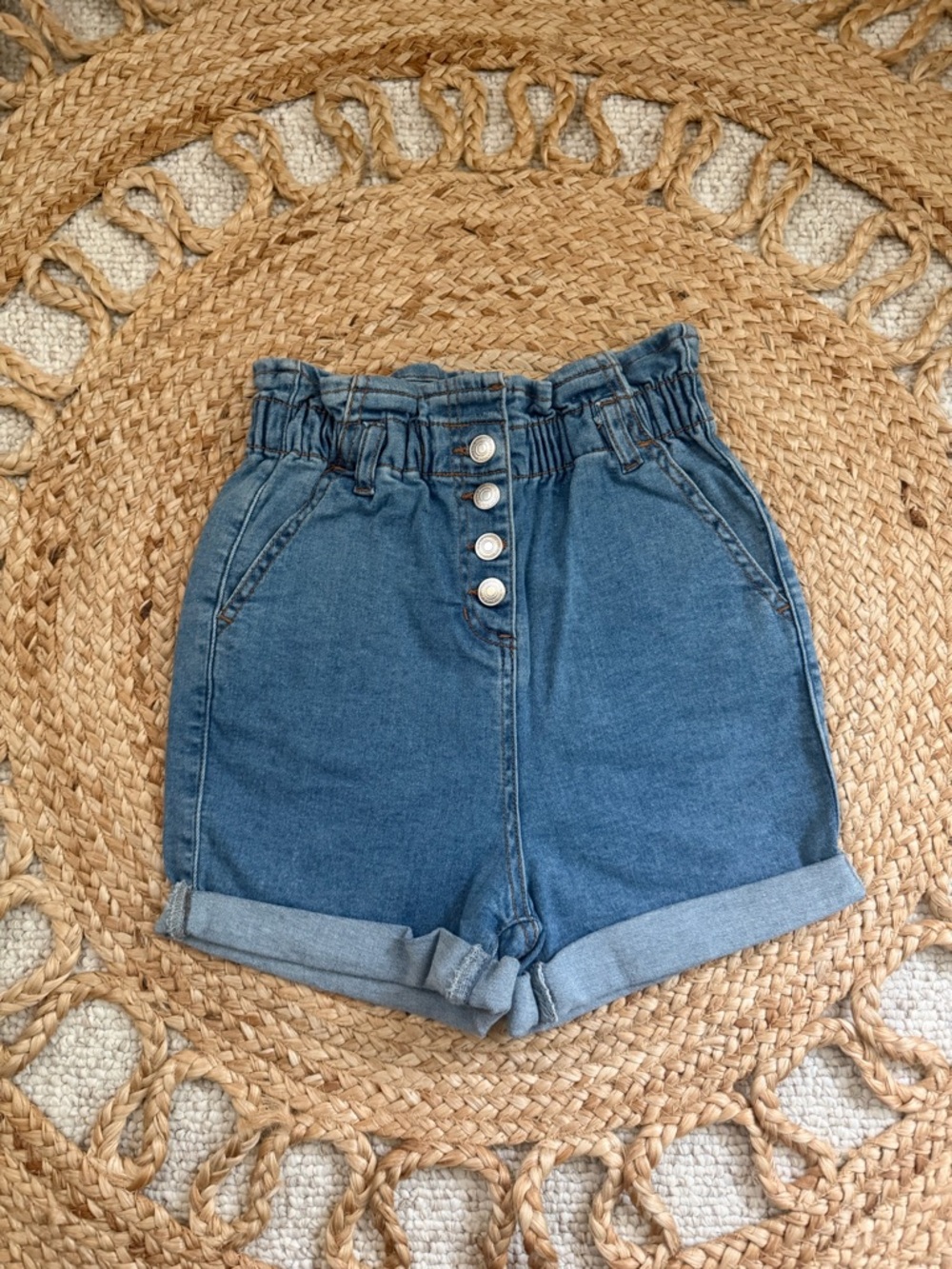 Parisian Works High-Waist Paperbag Denim Shorts - Blue